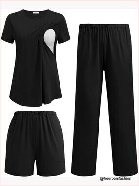 3 Piece Maternity Pajama Set Nursing Sleepwear Breastfeeding Top Shorts & Pants